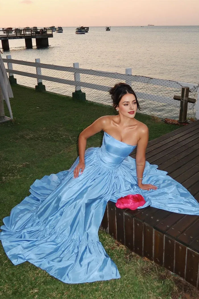 Dress Charming A Line Strapless Blue Satin Maxi Dress Prom Dress With Split Front