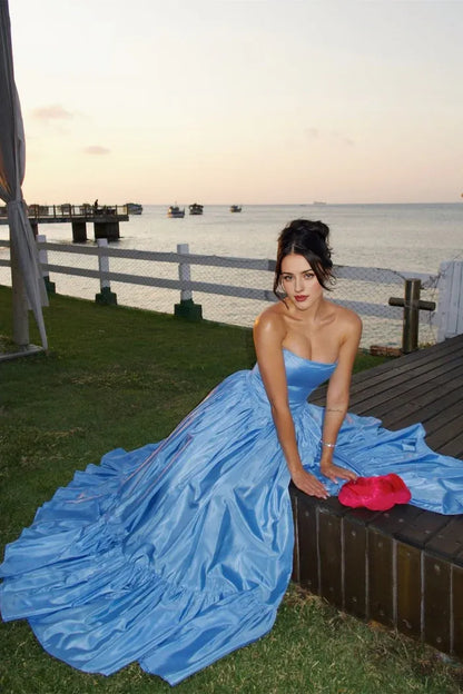Dress Charming A Line Strapless Blue Satin Maxi Dress Prom Dress With Split Front
