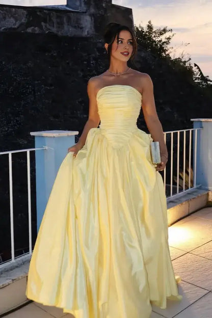 Dress Charming Daffodil Satin Strapless A Line Sleeveless Maxi Dress Party Dress with Pleated Prom Dress