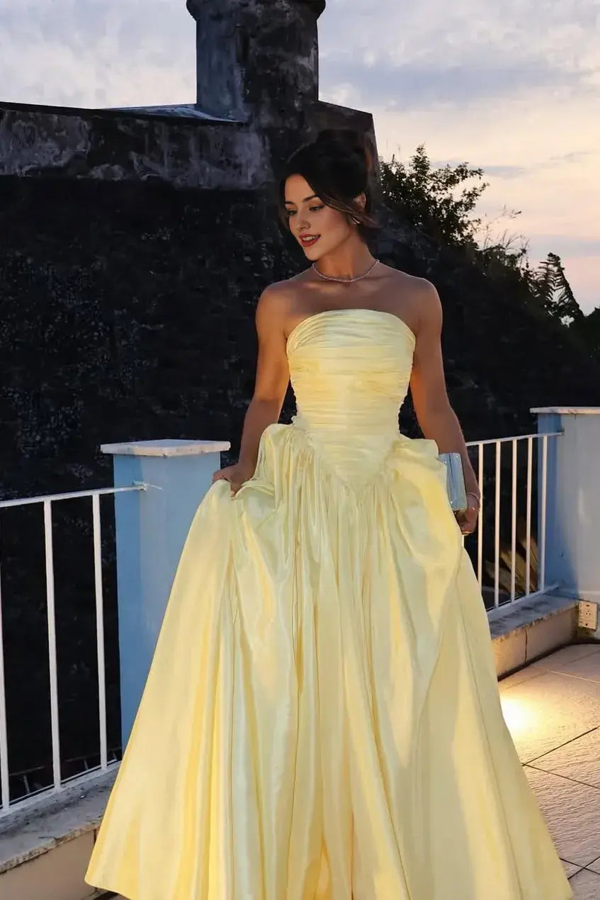 Dress Charming Daffodil Satin Strapless A Line Sleeveless Maxi Dress Party Dress with Pleated Prom Dress