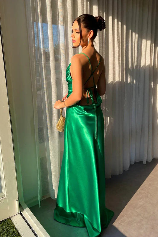 Dress Charming Elegant Spaghetti Straps Open Back Sheath Cowl Neck Green Satin Long Prom Dresses