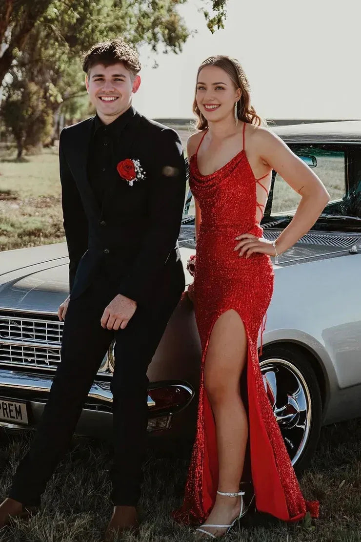 Dress Charming Mermaid Cowl Neck Sequins Slit Prom Dresses