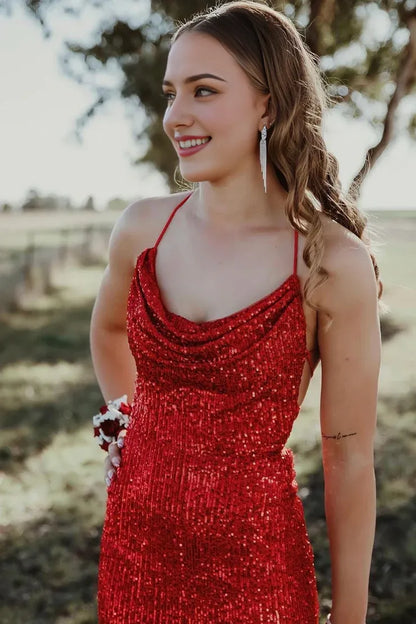 Dress Charming Mermaid Cowl Neck Sequins Slit Prom Dresses