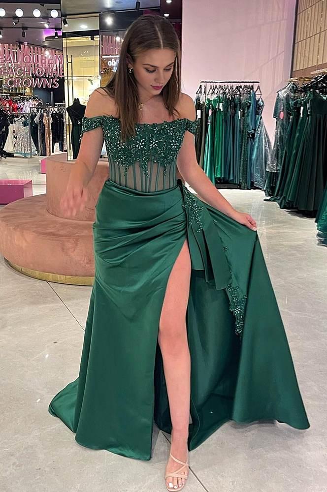 Dress Charming Mermaid Off the-Shoulder Green Satin Prom Dresses with Sexy Slit