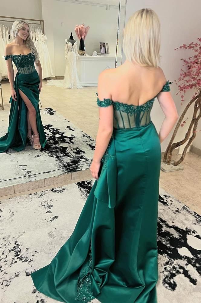 Dress Charming Mermaid Off the-Shoulder Green Satin Prom Dresses with Sexy Slit