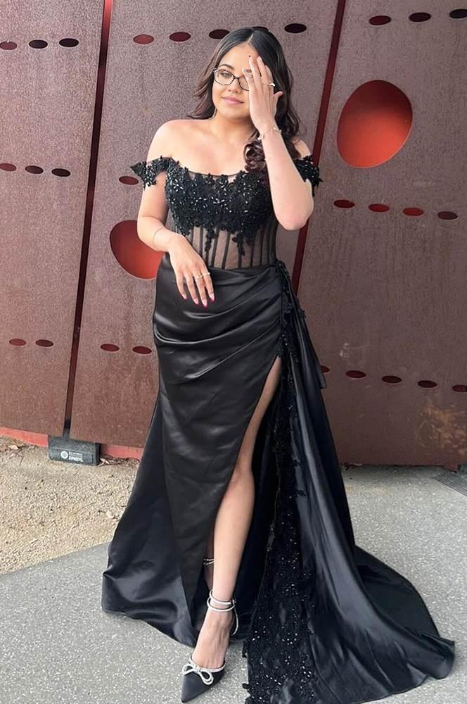 Dress Charming Mermaid Off the-Shoulder Green Satin Prom Dresses with Sexy Slit