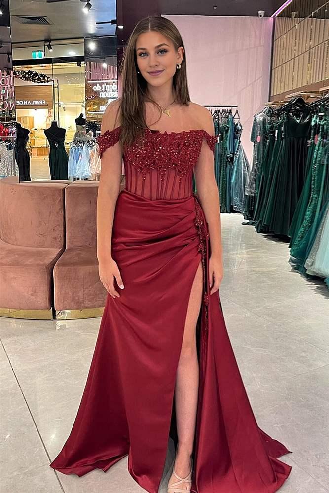 Dress Charming Mermaid Off the-Shoulder Green Satin Prom Dresses with Sexy Slit