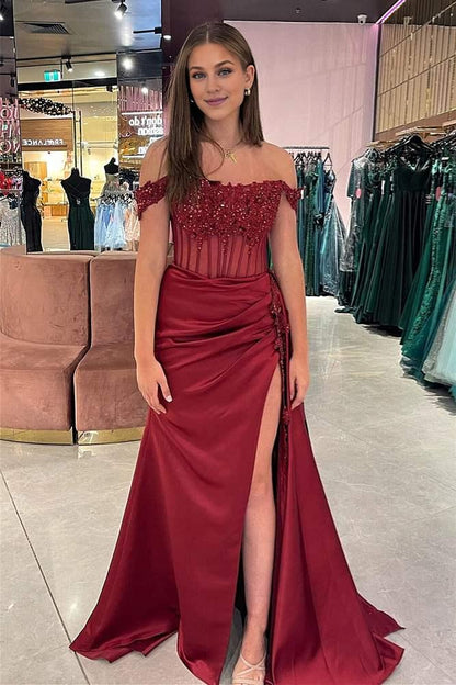 Dress Charming Mermaid Off the-Shoulder Green Satin Prom Dresses with Sexy Slit