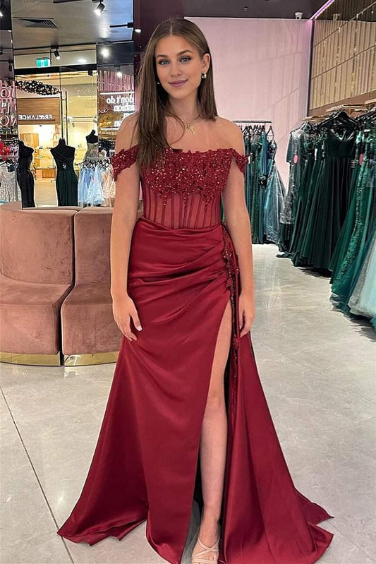 Dress Charming Mermaid Off the-Shoulder Green Satin Prom Dresses with Sexy Slit