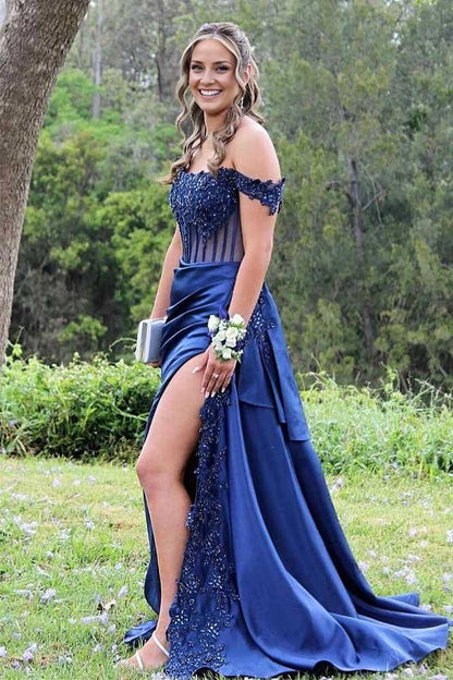 Dress Charming Mermaid Off the-Shoulder Green Satin Prom Dresses with Sexy Slit
