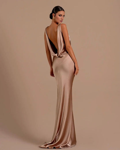 Champagne‑Gold Satin Cowl‑V Sleeveless Open‑Back Mermaid‑Train Prom Dress For Gala