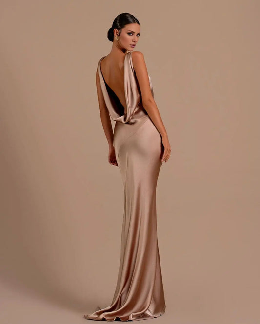 Champagne‑Gold Satin Cowl‑V Sleeveless Open‑Back Mermaid‑Train Prom Dress For Gala