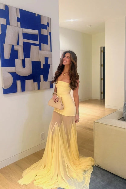Dress Charming Mermaid Strapless Yellow Maxi Dress Prom Dress Formal Dress With Sweep-Brush Train Evening Dress