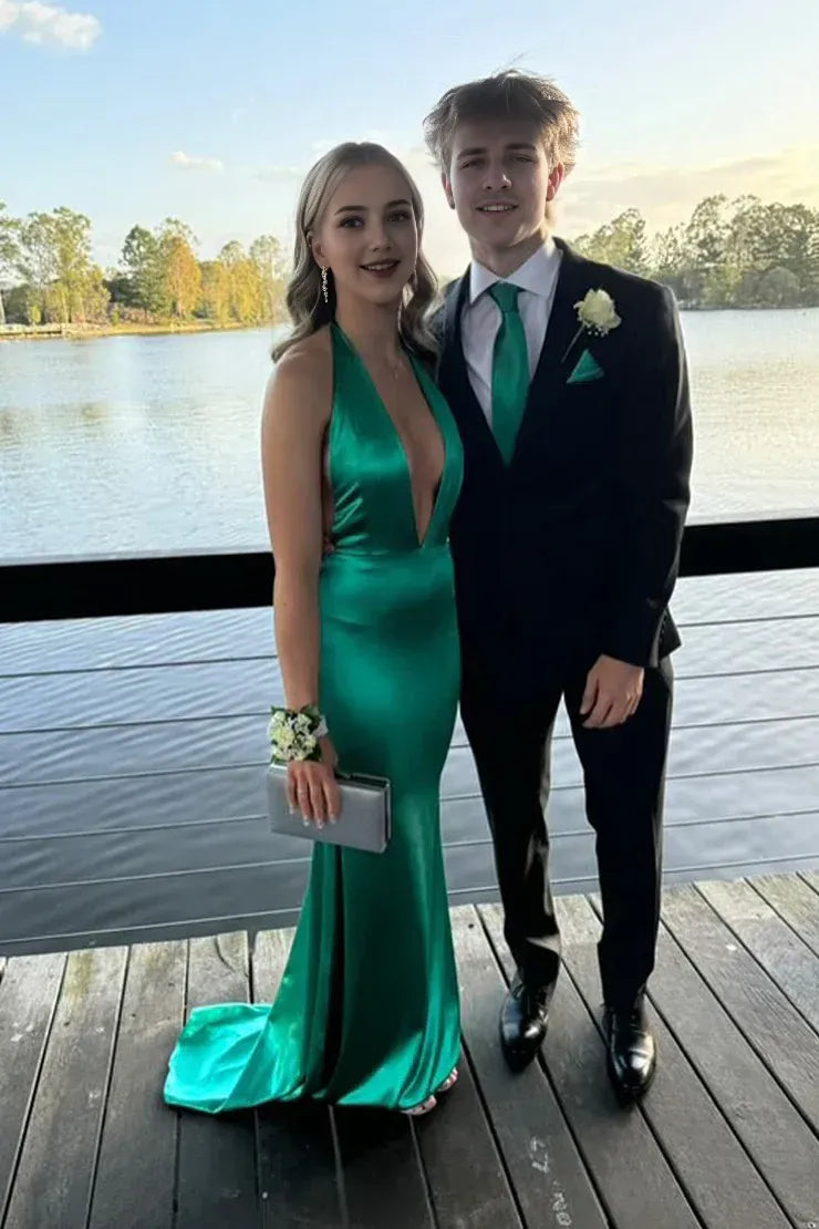 Dress Charming Mermaid V Neck Green Satin Long Evening Dresses