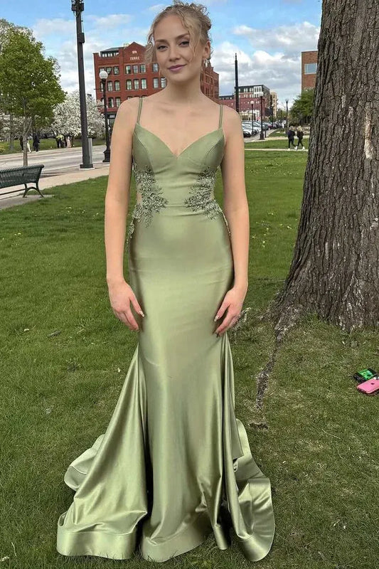 Dress Charming Mermaid V Neck Sage Green Satin Prom Dress with Applqiues