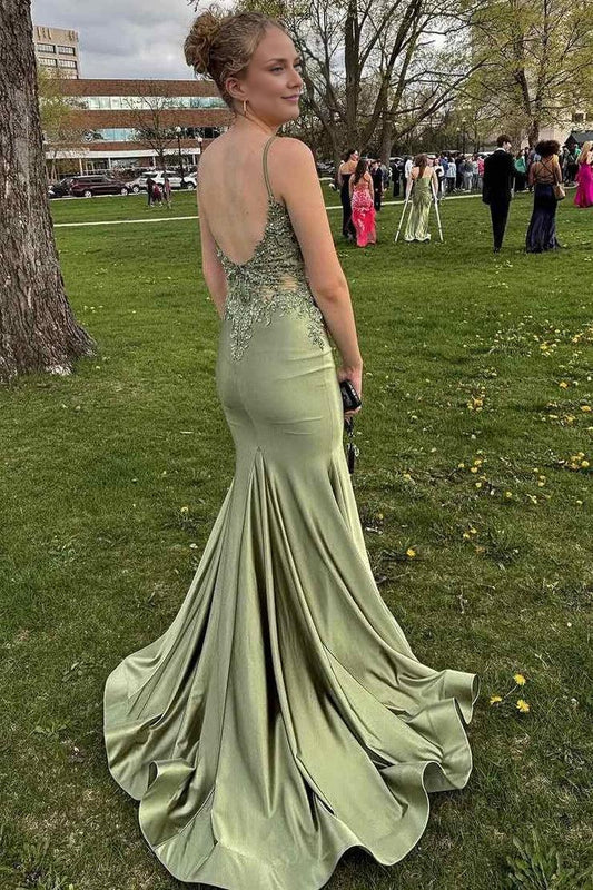 Dress Charming Mermaid V Neck Sage Green Satin Prom Dress with Applqiues