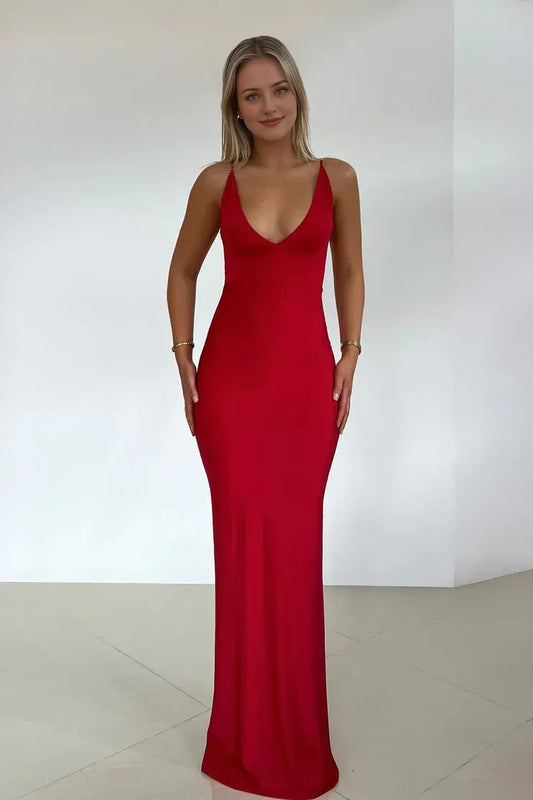 Dress Charming Open Back Mermaid V Neck Red Satin Long Prom Dresses