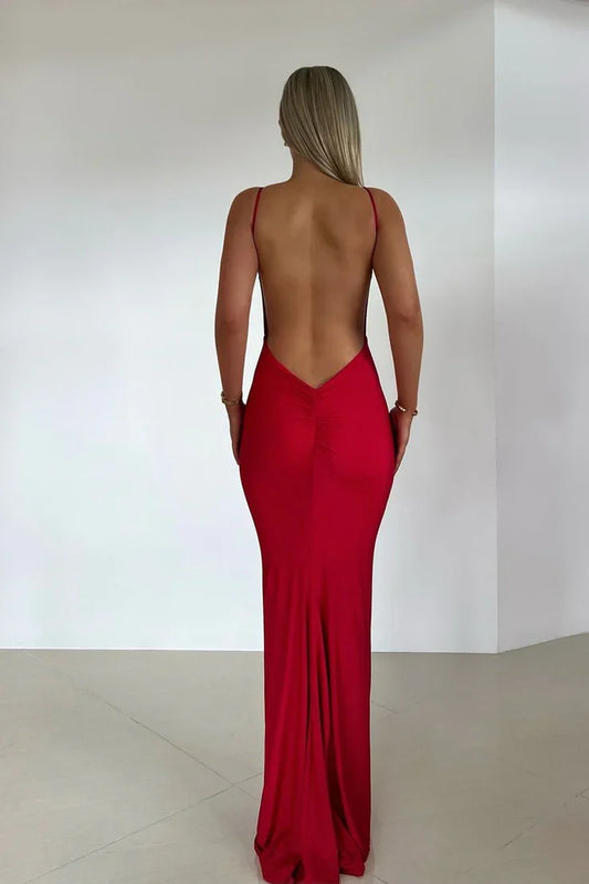 Dress Charming Open Back Mermaid V Neck Red Satin Long Prom Dresses