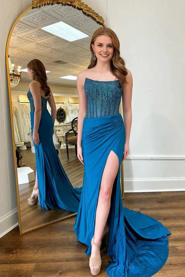 Dress Charming Round Neck Mermaid Blue Side Slit Prom Dress with Beading