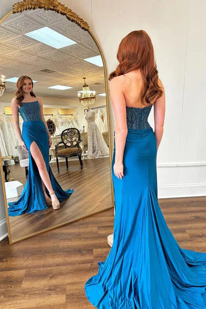Dress Charming Round Neck Mermaid Blue Side Slit Prom Dress with Beading
