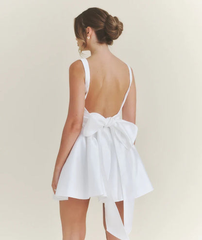 Dress Charming Satin Bow Back Pleated Dress Mini Dress White A-Line Sleeveless Homecoming Dress