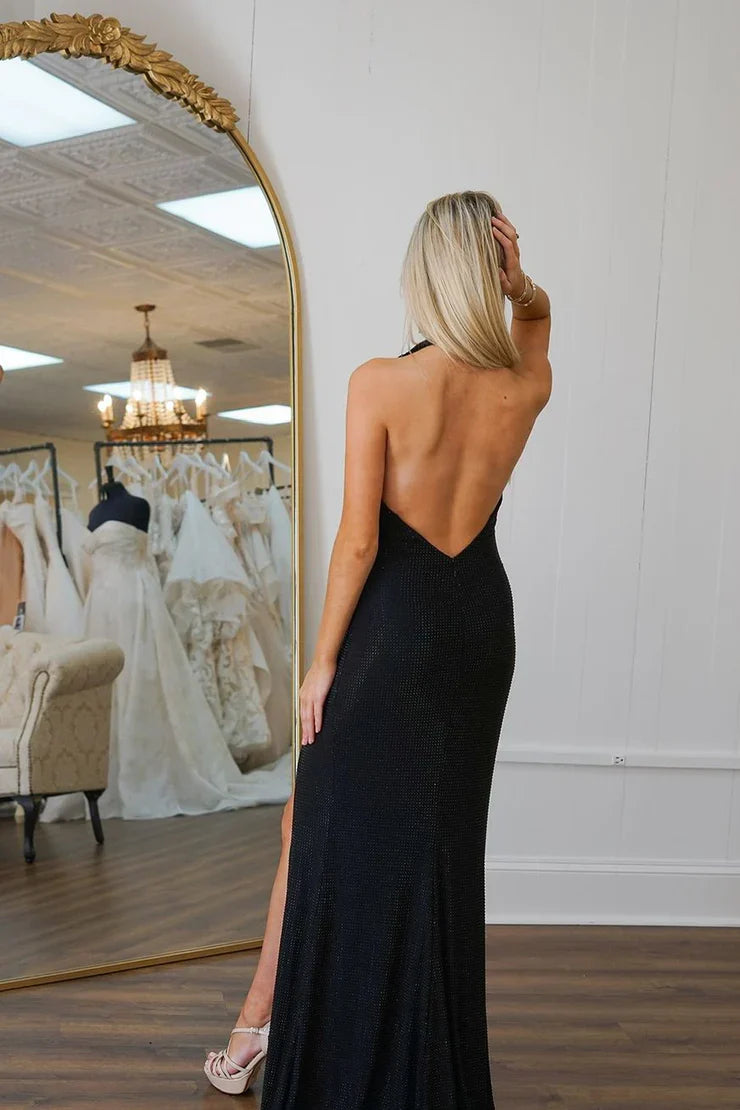 Dress Charming Sheath Cowl Neck Black Sleeveless Long Prom Dresses with Slit