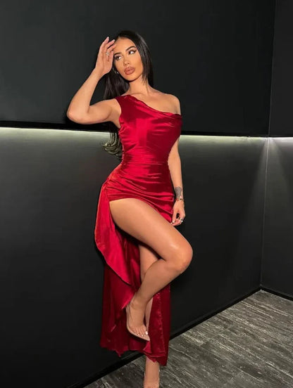 Dress Charming Sheath Off the Shoulder Red Satin Prom Dress Evening Dress with Slit Party Dress