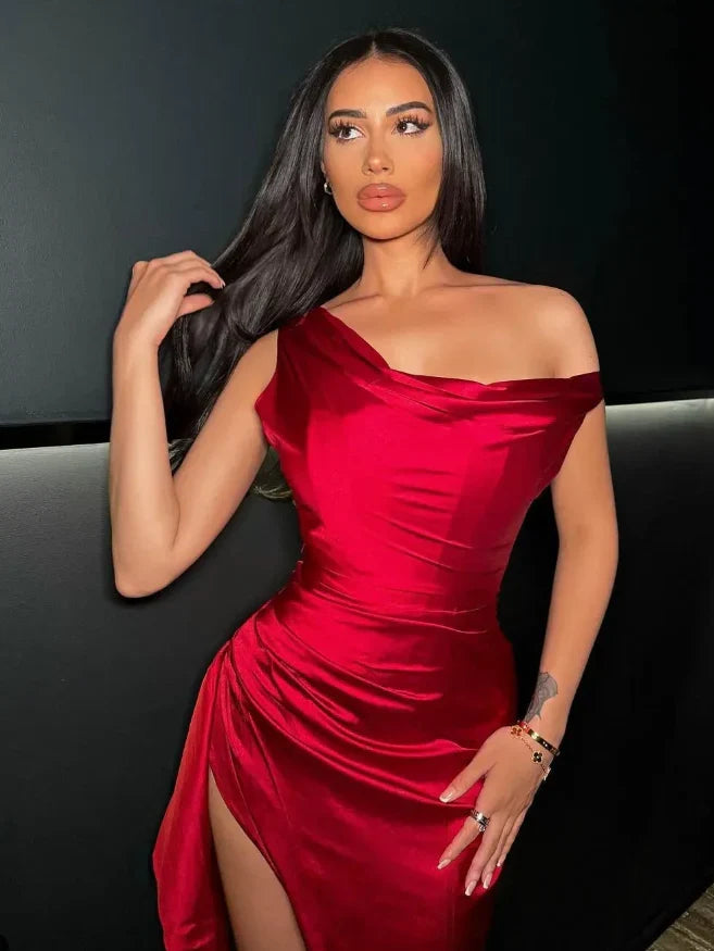 Dress Charming Sheath Off the Shoulder Red Satin Prom Dress Evening Dress with Slit Party Dress