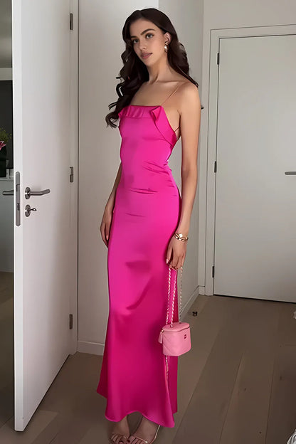 Dress Charming Sheath Spaghetti Straps Fuchsia Long Party Dress with Open Back Prom Dress