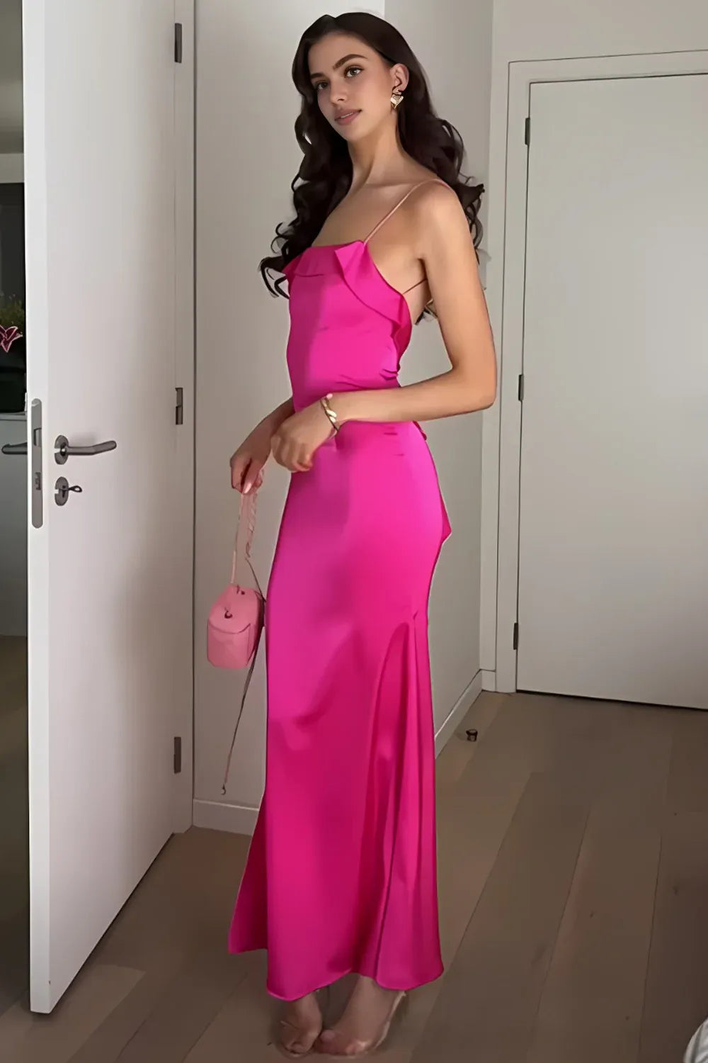 Dress Charming Sheath Spaghetti Straps Fuchsia Long Party Dress with Open Back Prom Dress