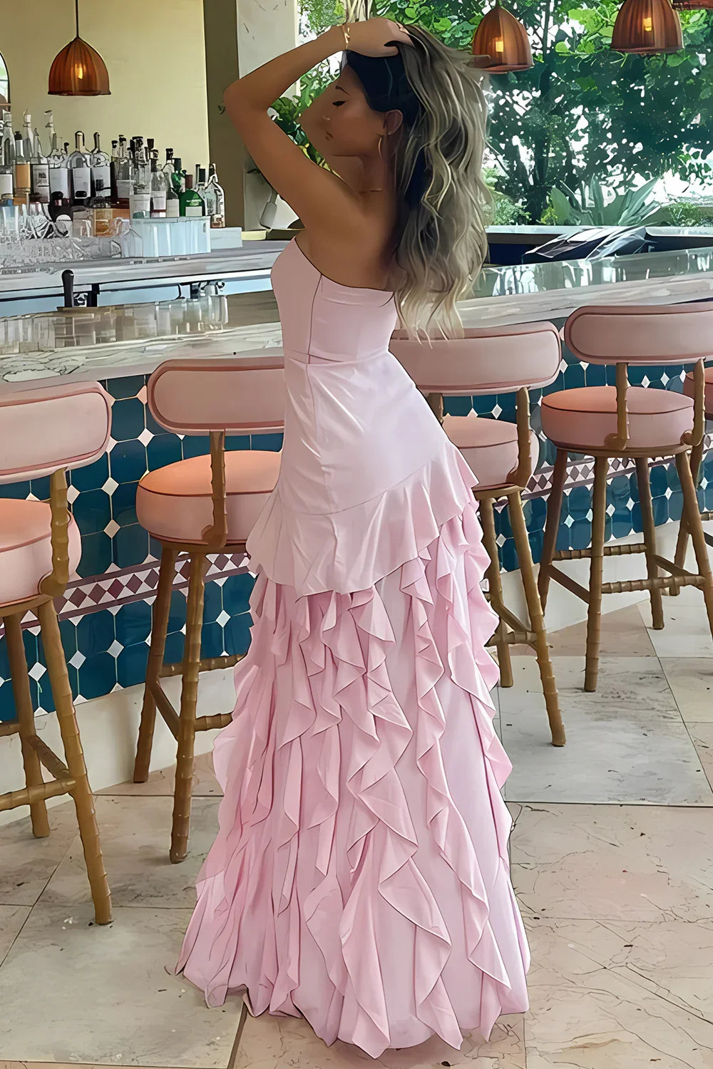 Dress Charming Sheath Strapless Pink Long Prom Dress with Ruffles