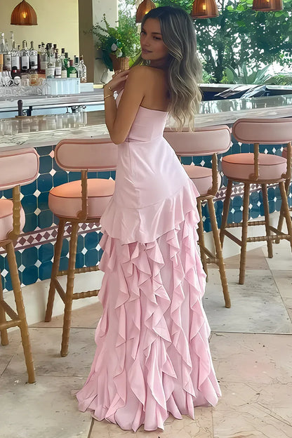 Dress Charming Sheath Strapless Pink Long Prom Dress with Ruffles