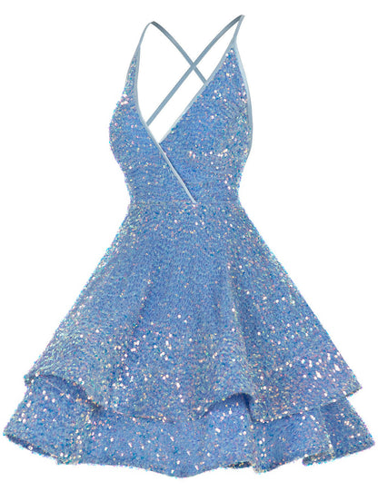 Dress Charming V-Neck Sequins Open Back Short Mini Homecoming Dress