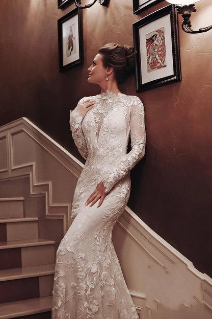 Dress Charming White High Neck Backless Mermaid Maxi Dress Sleeve Wedding Dress With Appliques Lace