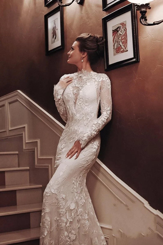 Dress Charming White High Neck Backless Mermaid Maxi Dress Sleeve Wedding Dress With Appliques Lace