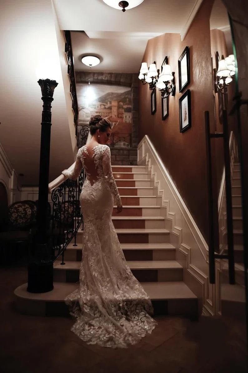 Dress Charming White High Neck Backless Mermaid Maxi Dress Sleeve Wedding Dress With Appliques Lace