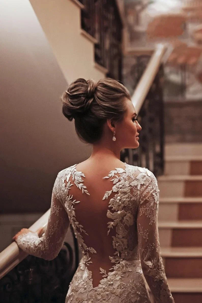 Dress Charming White High Neck Backless Mermaid Maxi Dress Sleeve Wedding Dress With Appliques Lace