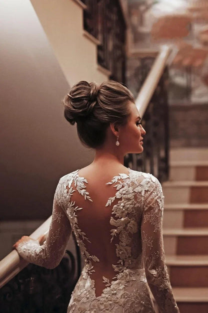 Dress Charming White High Neck Backless Mermaid Maxi Dress Sleeve Wedding Dress With Appliques Lace