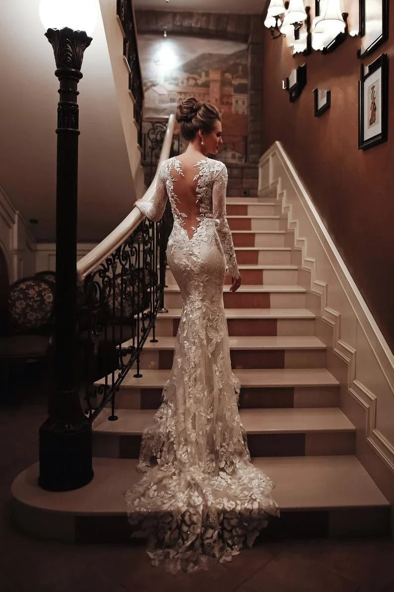 Dress Charming White High Neck Backless Mermaid Maxi Dress Sleeve Wedding Dress With Appliques Lace