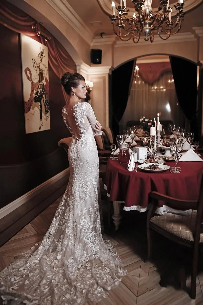 Dress Charming White High Neck Backless Mermaid Maxi Dress Sleeve Wedding Dress With Appliques Lace