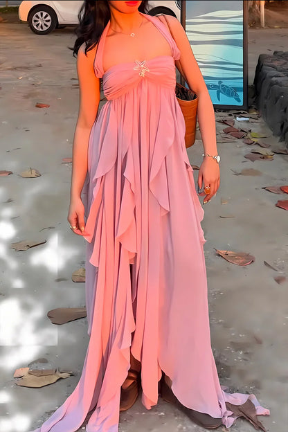Dress Chic A Line Halter Neck Pink Long Prom Dress with Ruffles