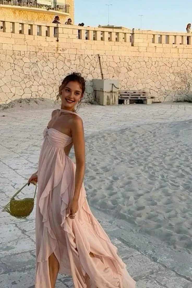 Dress Chic A Line Halter Neck Pink Long Prom Dress with Ruffles