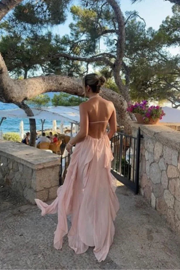 Dress Chic A Line Halter Neck Pink Long Prom Dress with Ruffles
