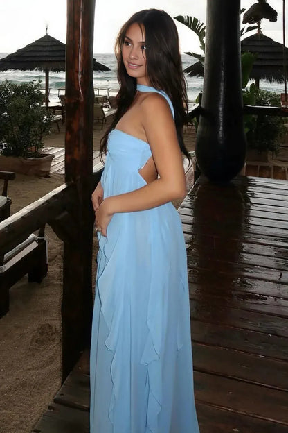 Dress Chic A Line Halter Neck Pink Long Prom Dress with Ruffles