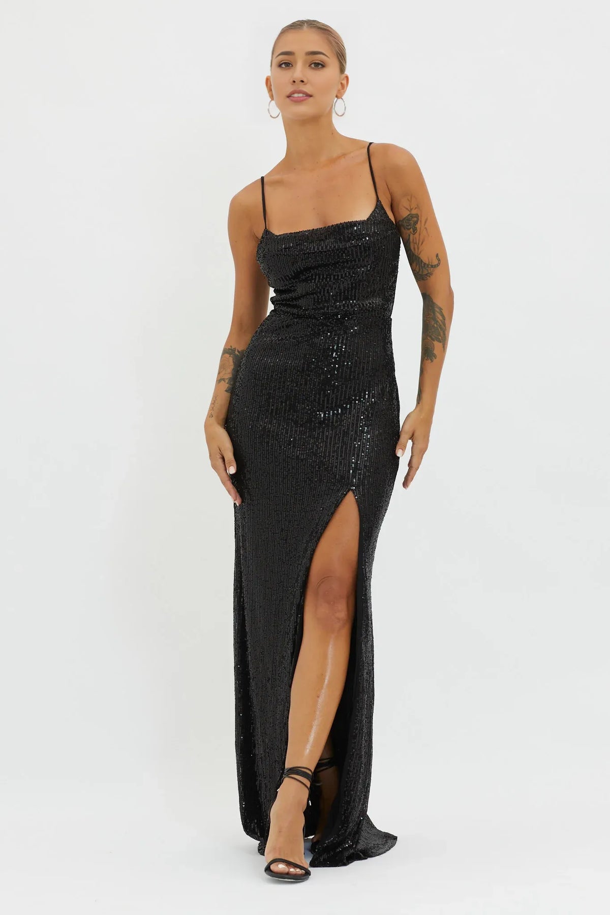 Dress Chic Black Sequin Maxi Dress with Spaghetti Straps Cowl Neck High Thigh Slit and Flowy Hem Prom Dress