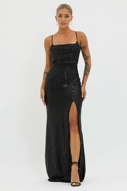 Dress Chic Black Sequin Maxi Dress with Spaghetti Straps Cowl Neck High Thigh Slit and Flowy Hem Prom Dress