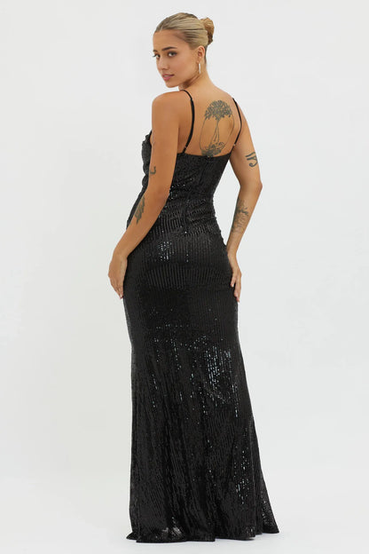 Dress Chic Black Sequin Maxi Dress with Spaghetti Straps Cowl Neck High Thigh Slit and Flowy Hem Prom Dress