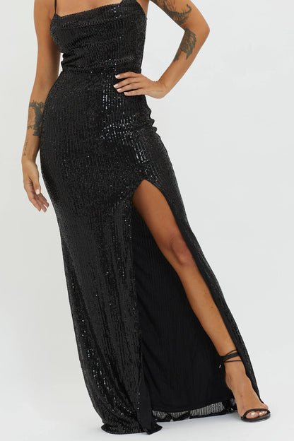Dress Chic Black Sequin Maxi Dress with Spaghetti Straps Cowl Neck High Thigh Slit and Flowy Hem Prom Dress