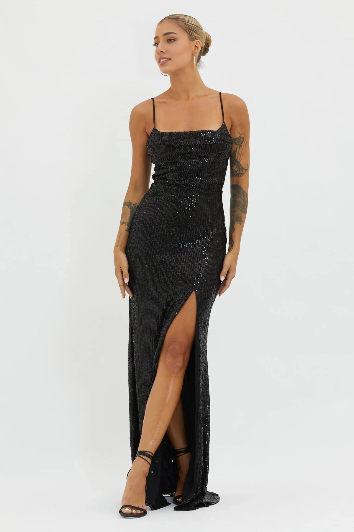 Dress Chic Black Sequin Maxi Dress with Spaghetti Straps Cowl Neck High Thigh Slit and Flowy Hem Prom Dress