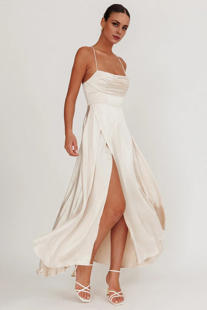 Dress Chic Wine Red Satin Maxi Dress with Cowl Neck Spaghetti Straps High Thigh Slit and Flowy Hem Prom Dress